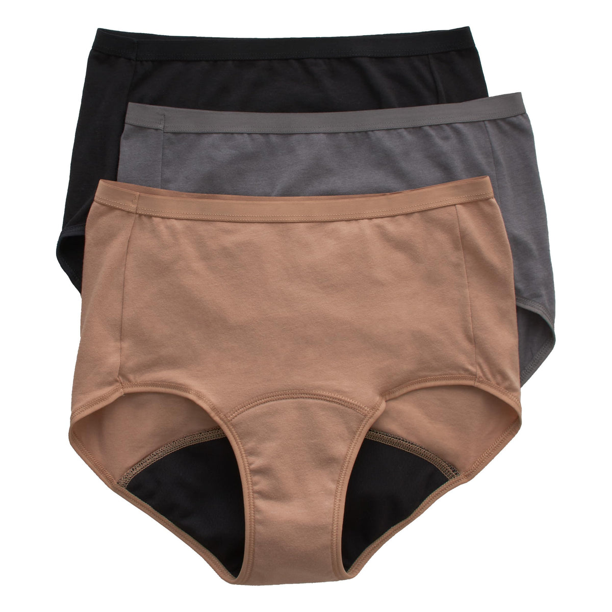 Hanes Women's Comfort, Period. Underwear, Moderate Leaks, Bikini, Boyshort Or Brief, 3-Pack, 3-Pack Brief, Neutrals, 7