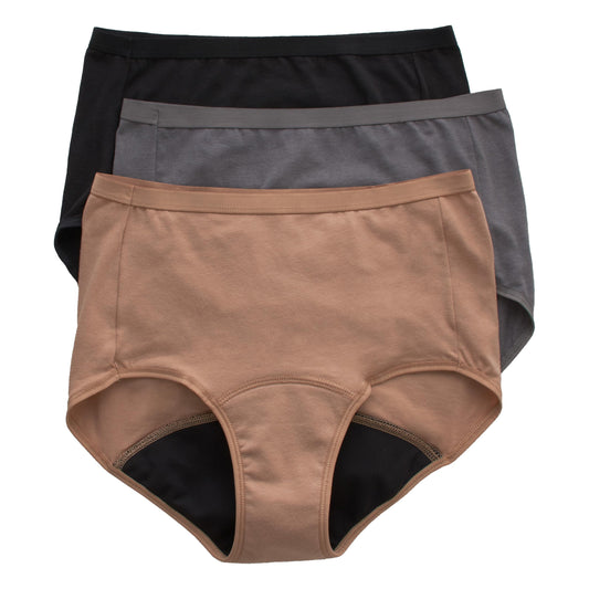 Hanes Women's Comfort, Period. Underwear, Moderate Leaks, Bikini, Boyshort Or Brief, 3-Pack, 3-Pack Brief, Neutrals, 7