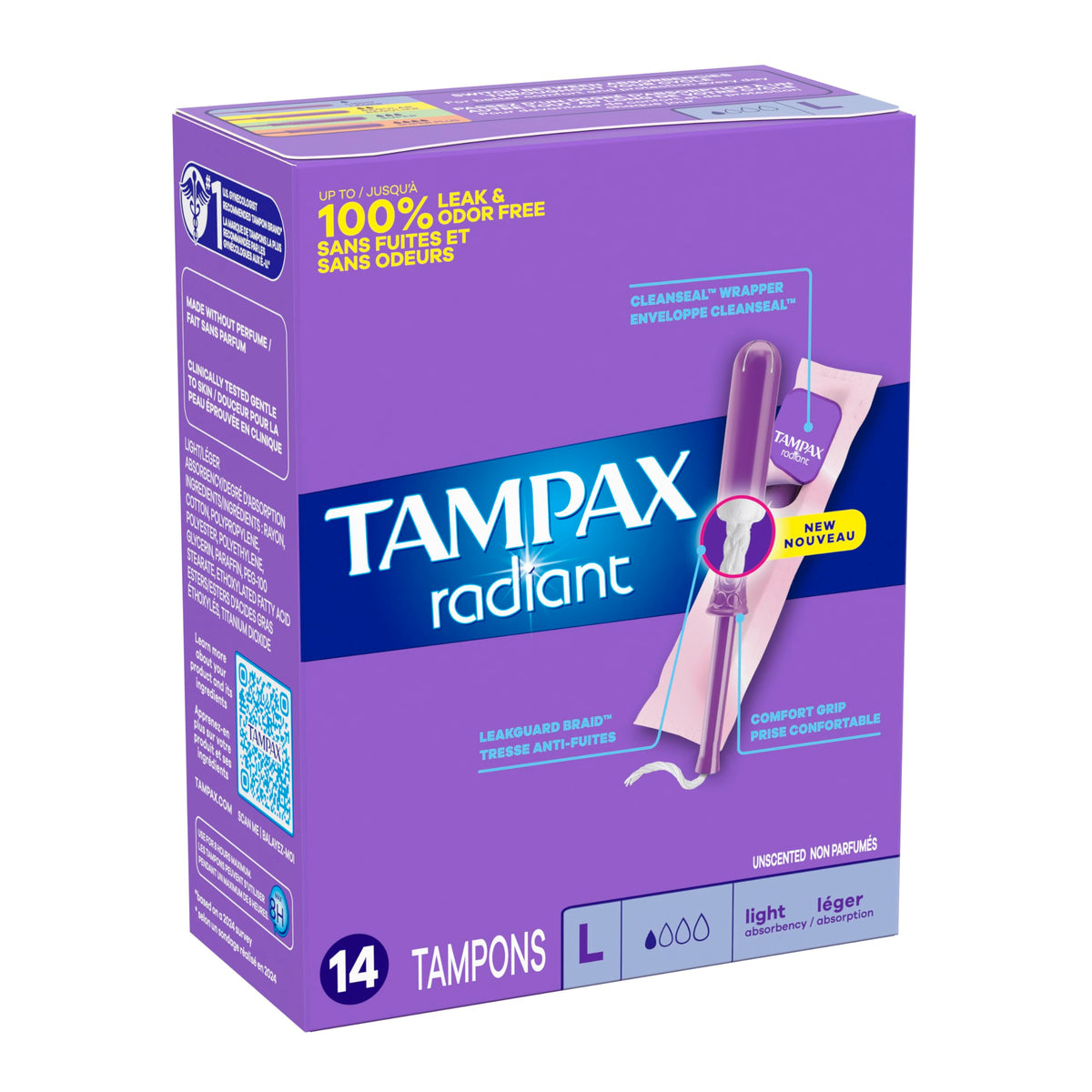 Tampax Radiant Tampons Light Absorbency with BPA-Free Plastic Applicator and LeakGuard Braid, Unscented, 14 Count