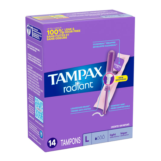 Tampax Radiant Tampons Light Absorbency with BPA-Free Plastic Applicator and LeakGuard Braid, Unscented, 14 Count