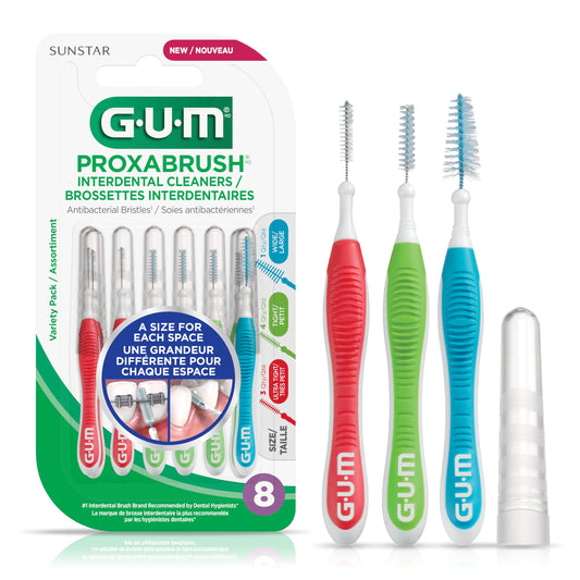 GUM Proxabrush® Reusable Interdental Cleaners, Antibacterial Bristles, Protective Travel Cap, Variety Pack, Ultra Tight, Tight, Wide, 8 Count