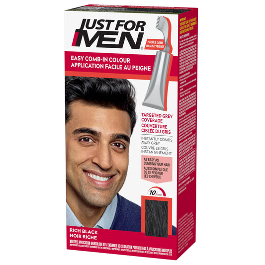 Just For Men Easy Comb-In Hair Color for Men, Easy No Mix Application with Comb Applicator - Rich Black, A-65, Pack of 1