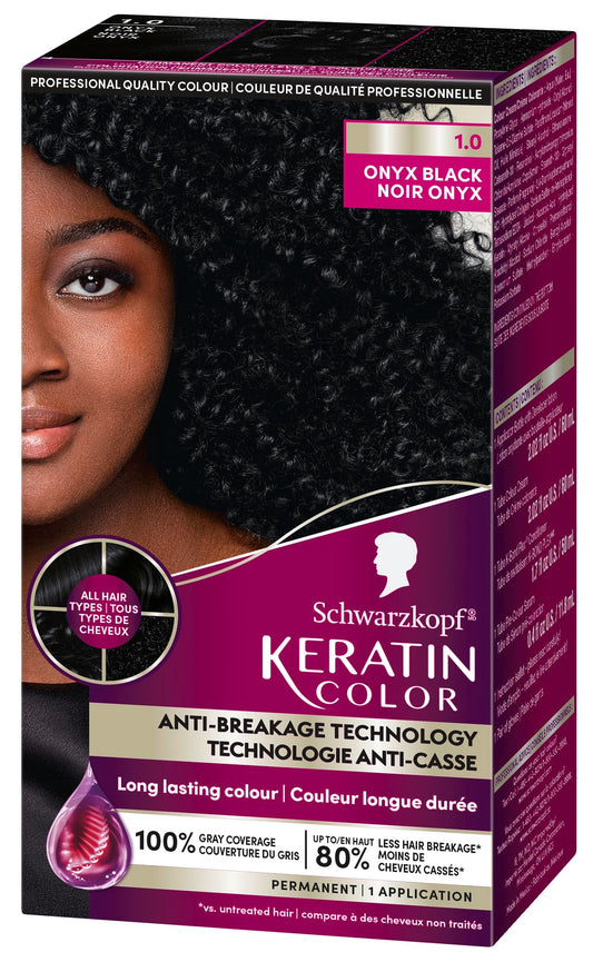 Schwarzkopf Keratin Color Permanent Hair Color, 1.0 Onyx Black, 1 Application - Salon Inspired Permanent Hair Dye, for up to 80% Less Breakage vs Untreated Hair and up to 100% Gray Coverage