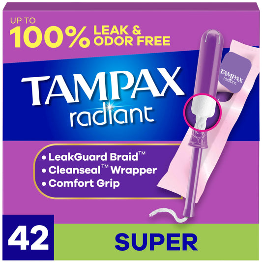 Tampax, Radiant Tampons, Plastic Applicator, Super Absorbency, 42 Count