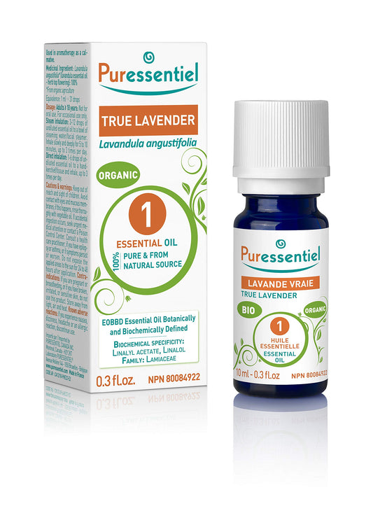 PURESSENTIEL - True Lavender Organic Essential Oil - Used in aromatherapy as a calmative - Helps to treat colds, cough, headaches, and digestive discomfort - 100% pure and from natural sources - 10ml