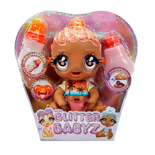 Glitter Babyz Solana Sunburst Baby Doll with 3 Magical Color Changes/Coral Pink Hair Doll with Tropical Sunset on The Outfit and Reusable Diaper, Bottle and Pacifier Multicolor