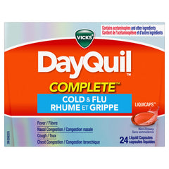 Vicks DayQuil COMPLETE Cold and Flu LiquiCaps Medicine, Non-Drowsy Daytime Multi-Symptom Relief for Cough , Congestion, Fever, Sore Throat Pain, 24 Count