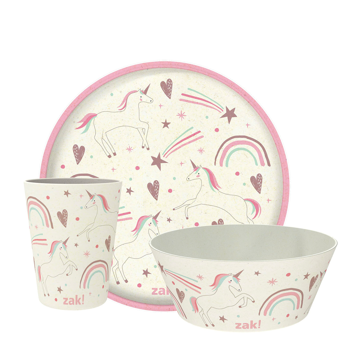 Zak Designs Kids Dinnerware Set 3 Pieces, Durable and Sustainable Melamine Bamboo Plate, Bowl, and Tumbler are Perfect for Dinner Time with Family (Fanciful Unicorn)
