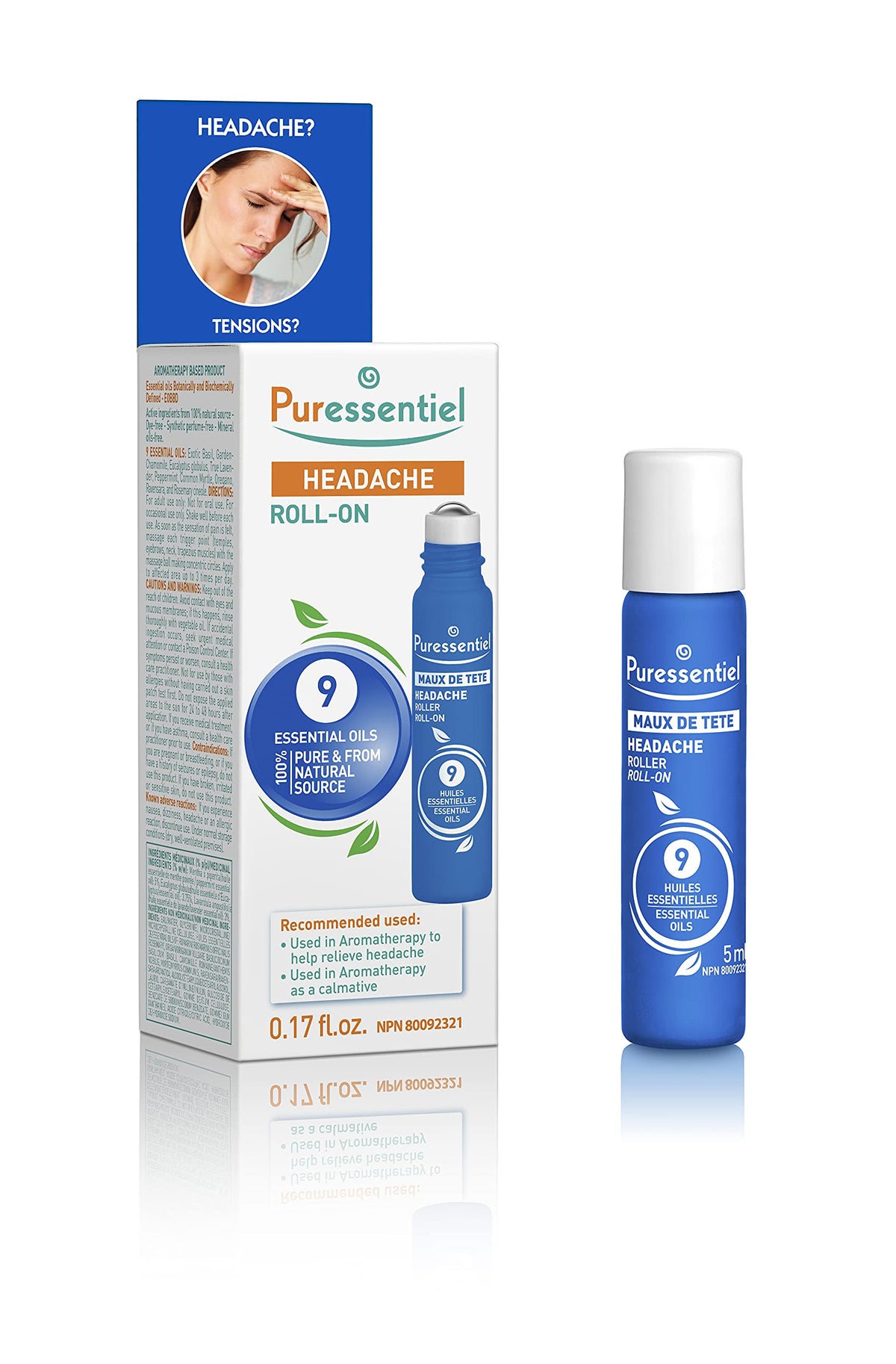 Puressentiel Headache Relief Roll-On – 9 Essential Oils with Peppermint & Eucalyptus – Fast, Natural Relief – 5 ml