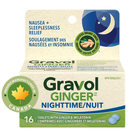 Gravol Ginger Nighttime Tablets, Nausea & Sleeplessness Relief, Made in Canada, With 20 mg Organic Ginger Extract & 3 mg Melatonin, 16 tablets