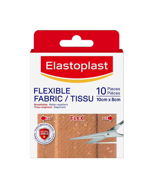 Elastoplast Flexible Fabric Adhesive Bandages, 10 Strips, 10 cm x 8cm Width, beige | Wound Dressing for First Aid Kit | Extra Flexible | Adapts to all your movements | Strong Adhesion