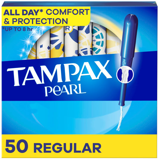 Tampax Pearl Tampons, with LeakGuard Braid, Regular Absorbency, Up to 100% Leak and Odor Free Protection, Unscented, 50 Count