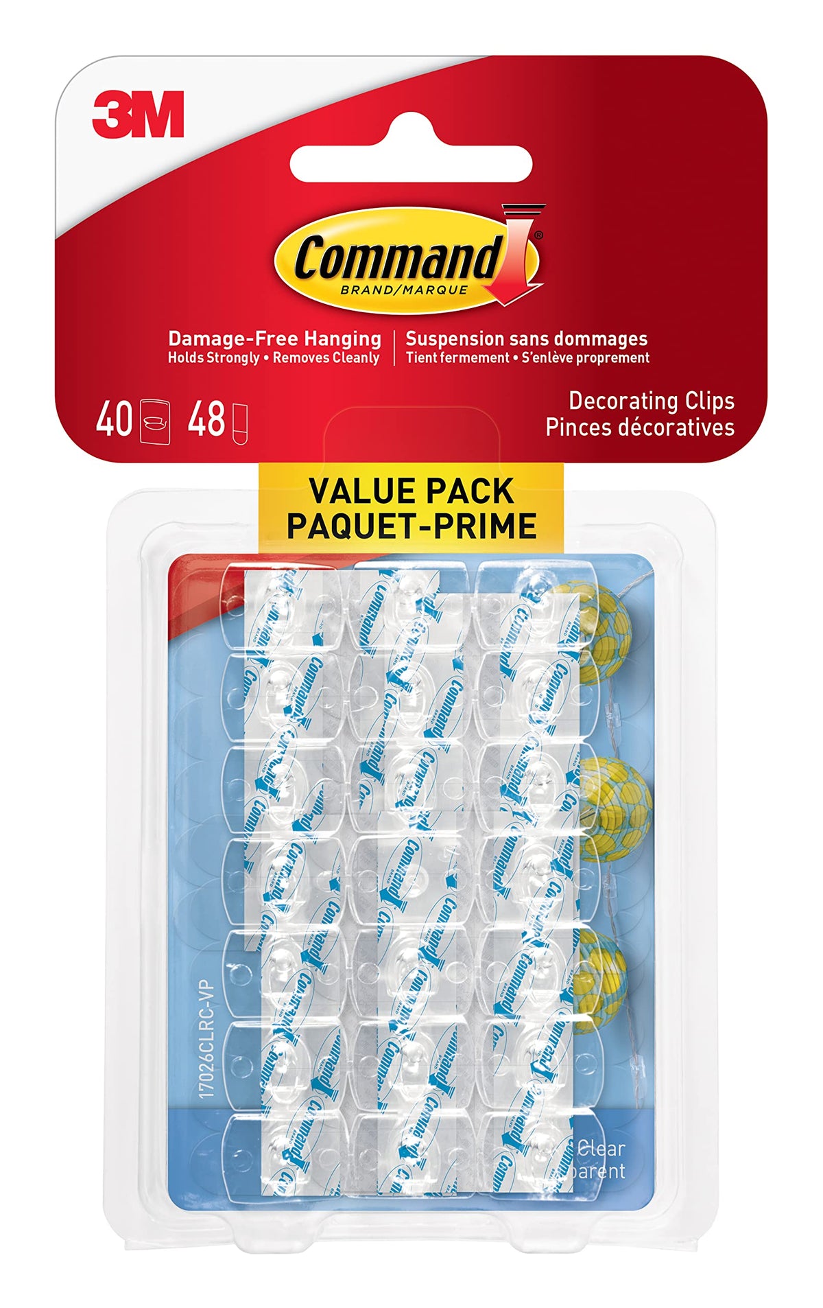 Command Indoor Mini Light Clips, 40 Clear Clips and 48 Command Strips, Damage Free Hanging Christmas Decorations, Wall Clips for Hanging Lights and Cable Management, Holds up to 0.3 lb