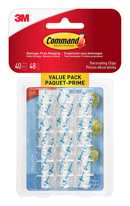 Command Indoor Mini Light Clips, 40 Clear Clips and 48 Command Strips, Damage Free Hanging Christmas Decorations, Wall Clips for Hanging Lights and Cable Management, Holds up to 0.3 lb