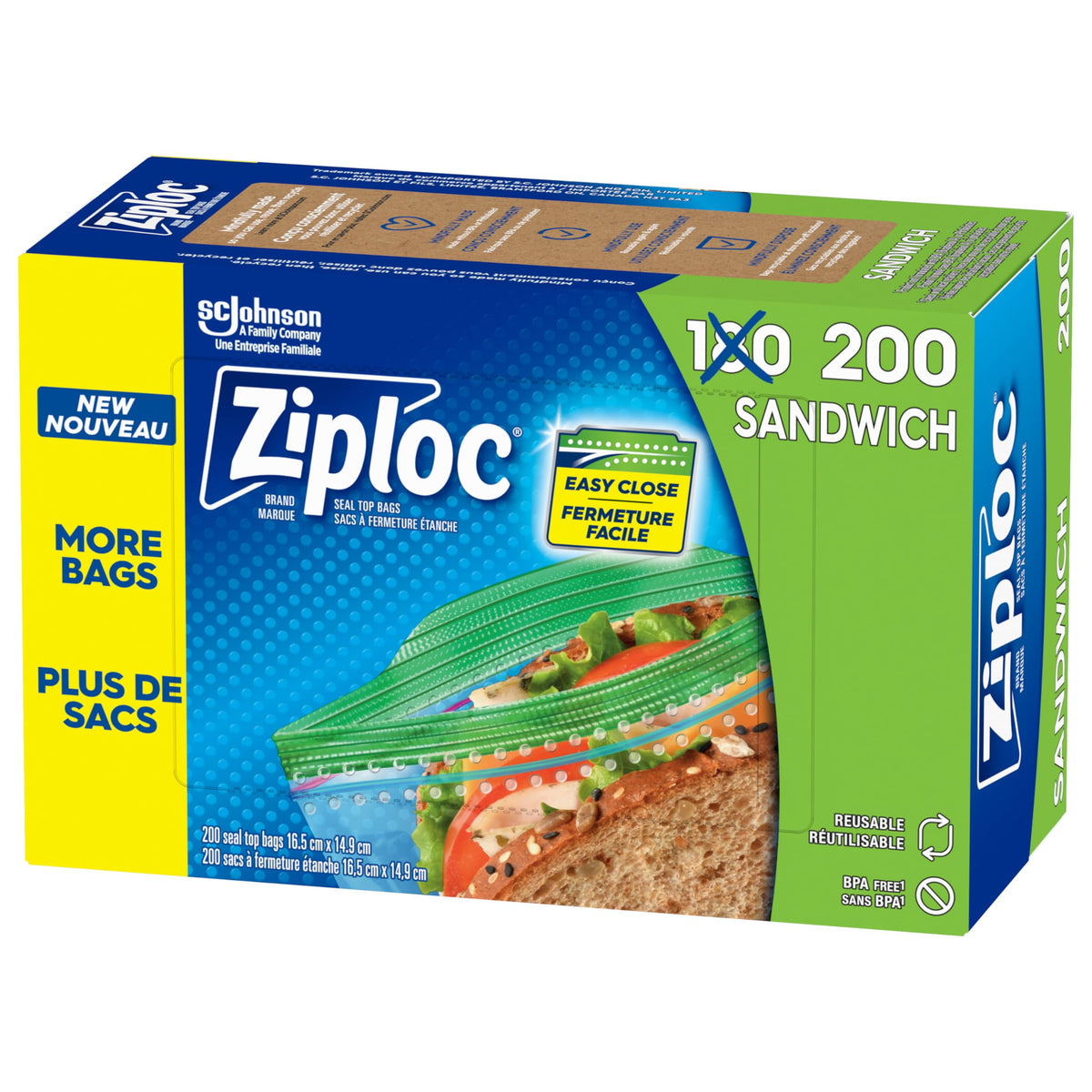 Ziploc Sandwich Bags for On-the-Go Freshness, Grip 'n Seal Technology for Easier Grip, Open and Close, 180 Count