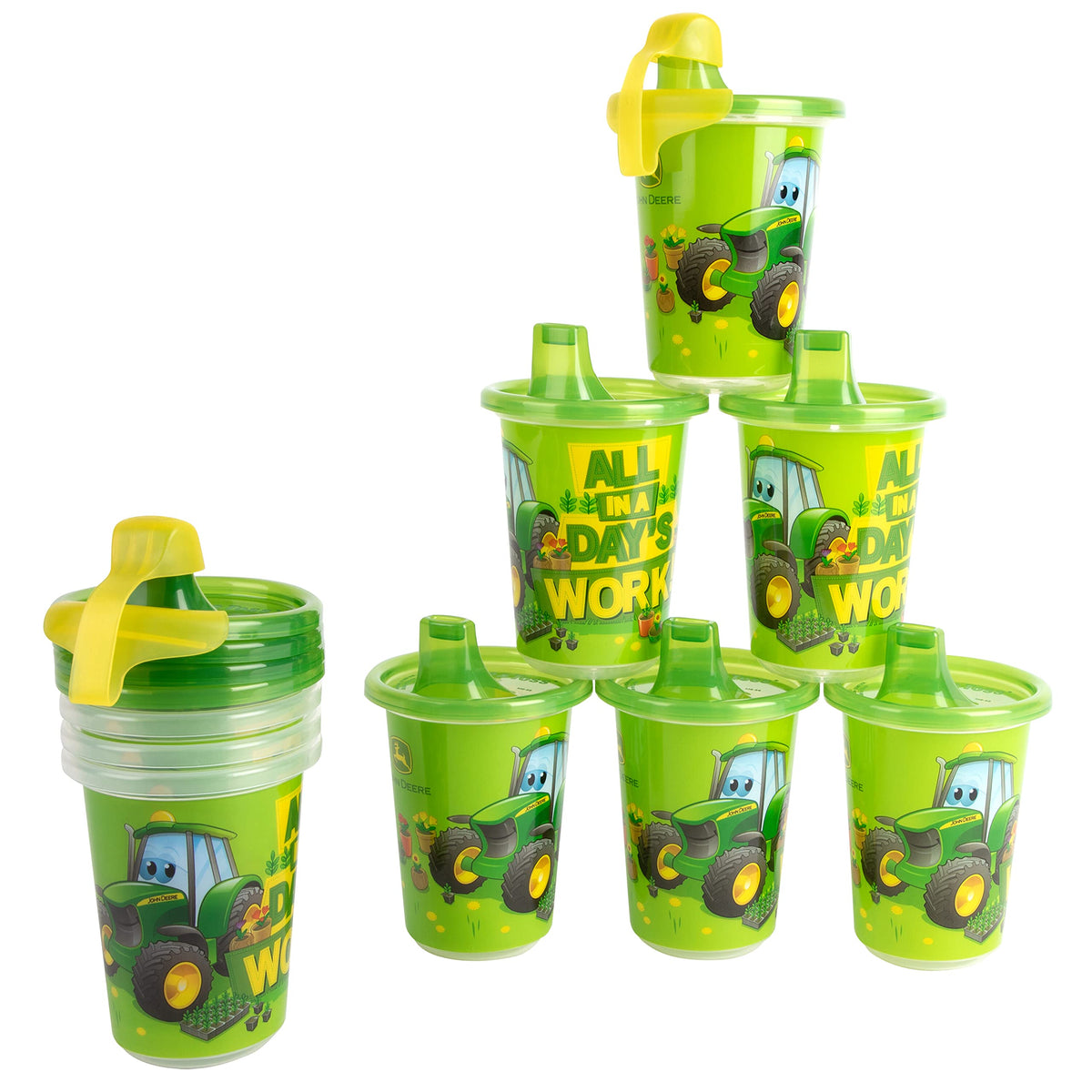 The First Years Take & Toss John Deere Sippy Cups - Reusable Toddlers Cups with Lids - Kids Party Pack with 2 Travel Caps - 10 Oz - 10 Count