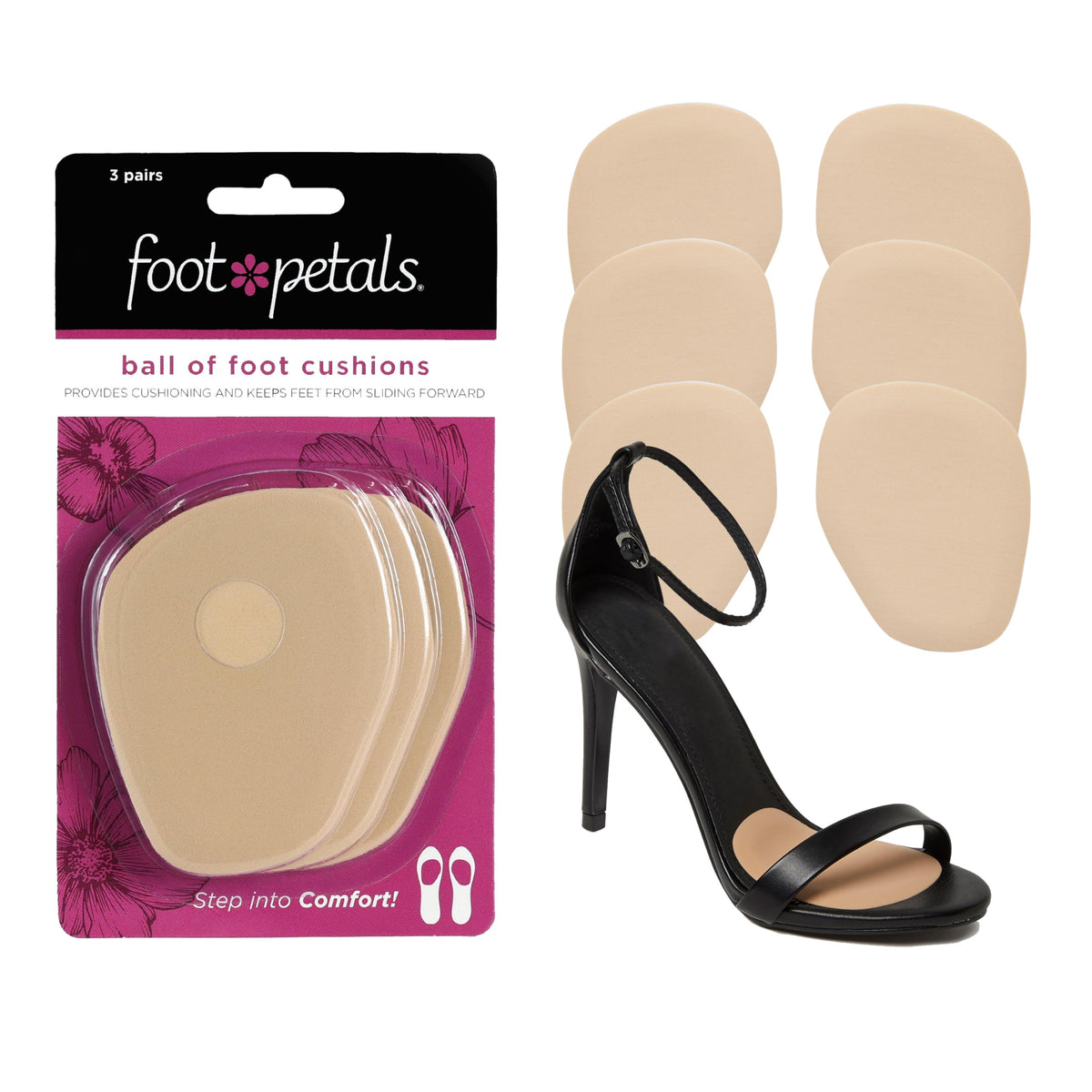 Foot Petals Ball of Foot Cushions, Metatarsal Pad, Lasting Comfort Relief, Prevent Toe Sliding, Overhang, Women's Heels, Khaki, 3 pair (Pack of 3)