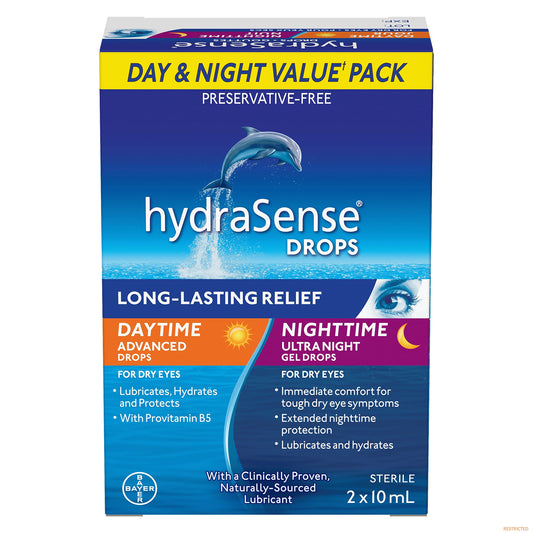 hydraSense Eye Drops Day and Night Pack, For Dry Eyes, Fast and Long-Lasting Relief, Preservative Free, Naturally Sourced Lubricant, Twin Pack (2 x 10 mL), 20 mL