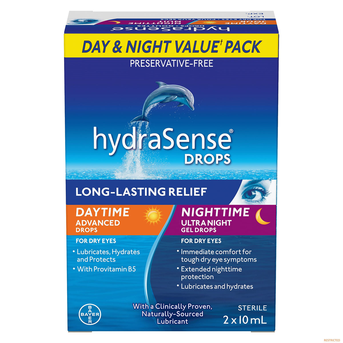 hydraSense Eye Drops Day and Night Pack, For Dry Eyes, Fast and Long-Lasting Relief, Preservative Free, Naturally Sourced Lubricant, Twin Pack (2 x 10 mL), 20 mL