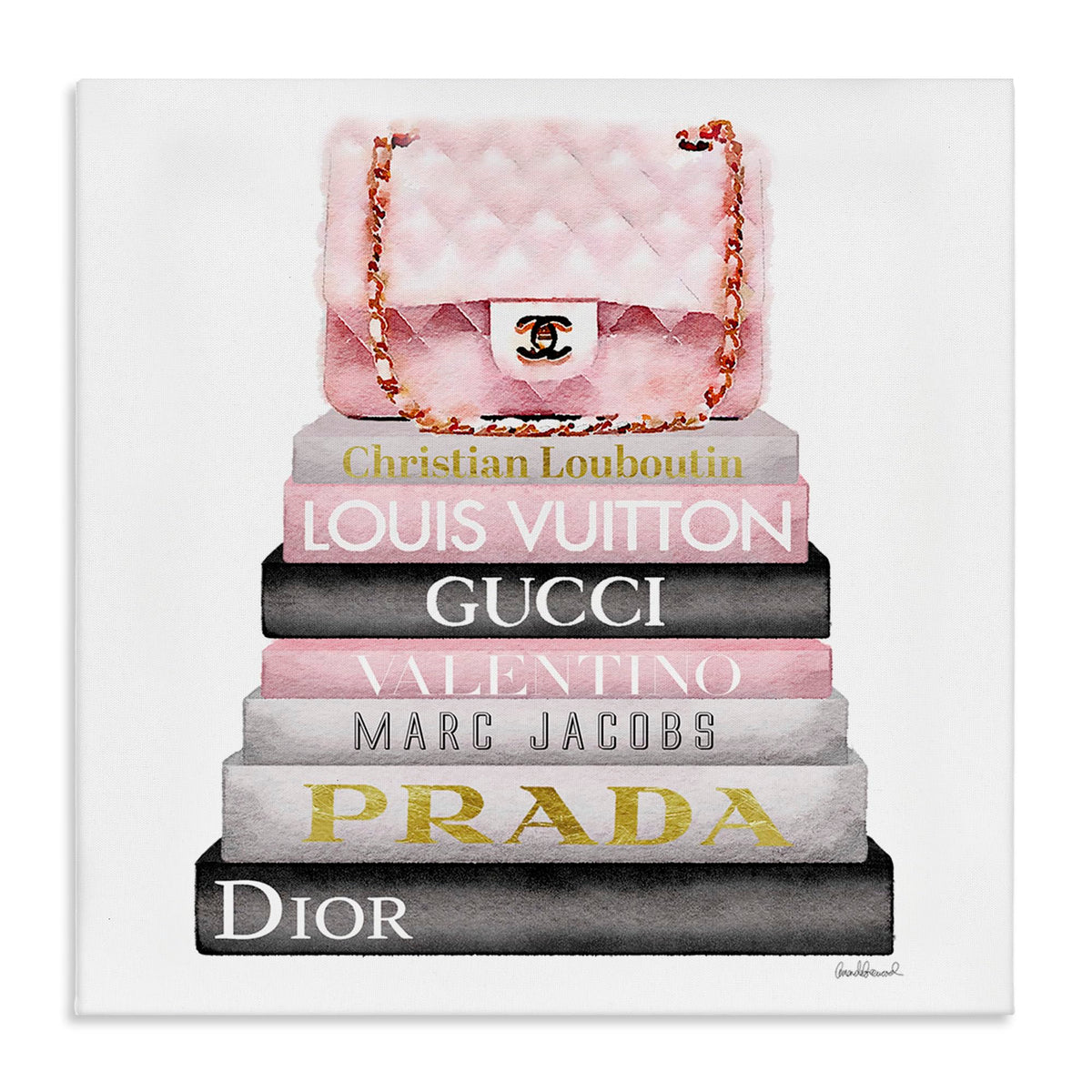 Stupell Industries Home Watercolor High Fashion Bookstack Padded Pink Bag Stretched Canvas Wall Art, Multi-Color