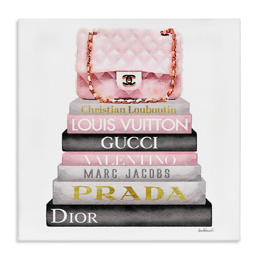 Stupell Industries Home Watercolor High Fashion Bookstack Padded Pink Bag Stretched Canvas Wall Art, Multi-Color