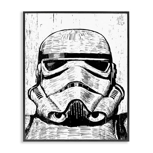 Stupell Industries Home Black and White Star Wars Stormtrooper Distressed Wood Etching Framed Giclee Texturized Art, Multi-Color