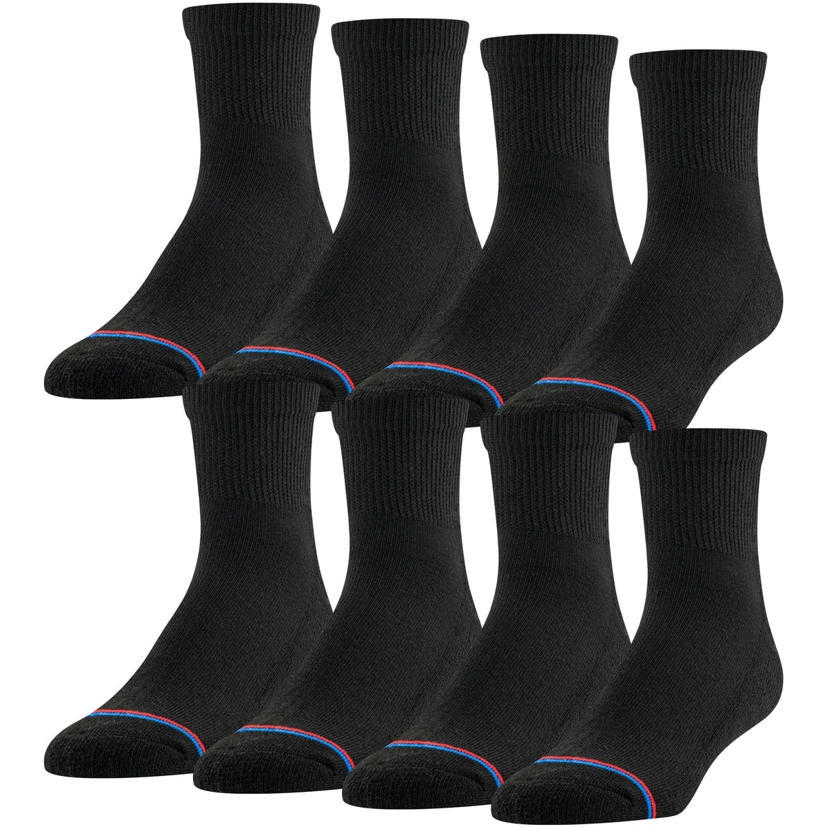 MediPEDS Men's 8 Pack Diabetic Quarter Socks with Non-Binding Top, Black, Shoe Size: 6-9