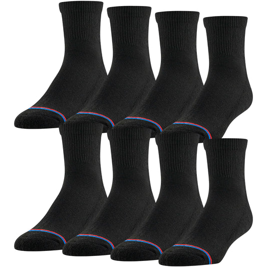 MediPEDS Men's 8 Pack Diabetic Quarter Socks with Non-Binding Top, Black, Shoe Size: 6-9