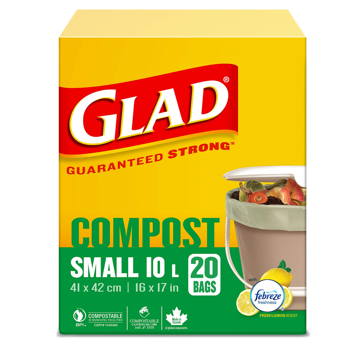Glad Certified Compostable Bags - Small 10 Litres - Lemon scent, 20 Compost Bags