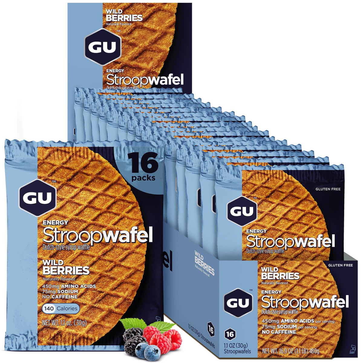 GU Energy Labs Stroopwafel Sports Nutrition Waffle, Gluten Free Wild Berry, 16-Count