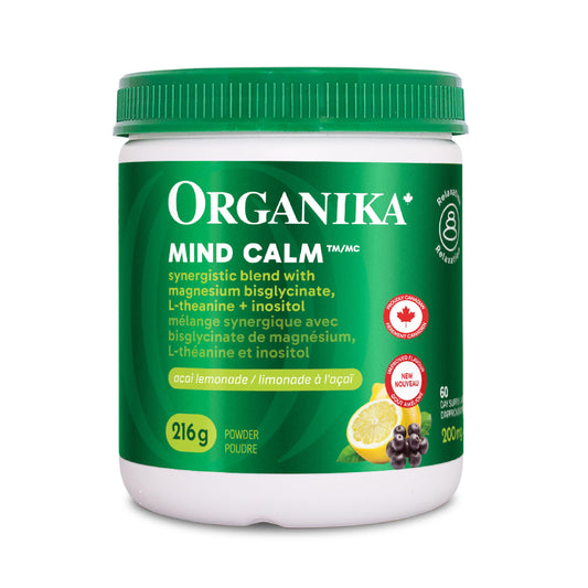 Organika Mind Calm Powder- with Magnesium Bisglycinate, L-Theanine, GABA, Inositol- Promotes Relaxation and Calm without Drowsiness- Acai Lemonade Flavour- 216g