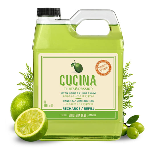 Cucina Fruits & Passion Hand Soap Refill, Lime Zest & Cypress, 1 L (33.8 fl oz) – Liquid Hand Soap with Olive Oil, Biodegradable, Vegan Formula, Kitchen & Bathroom