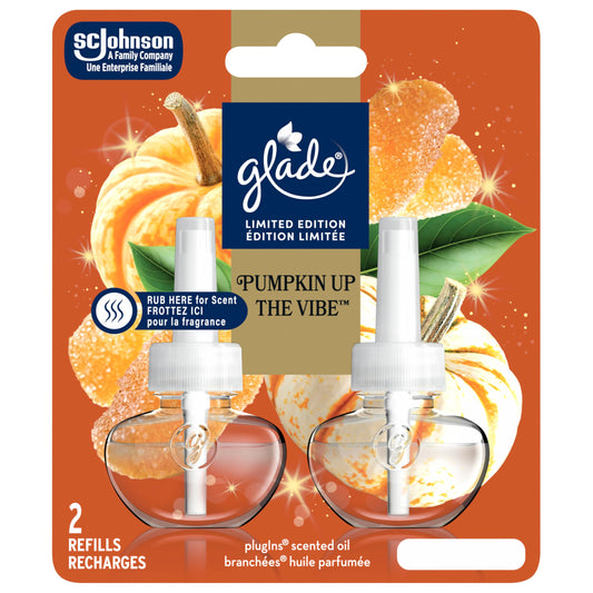 Glade Pumpkin up the Vibe™ Holiday PlugIns, Air Freshener Oil Refill, Fall Scented and Essential Oils for Bathroom and Home Fragrance, 2 Refills (Packaging May Vary)