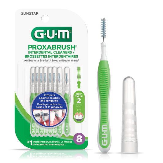 GUM Proxabrush® Reusable Interdental Cleaners, Antibacterial Bristles, Protective Travel Cap, 1414N, Green, Size 3, Narrow Tight, 8 Count