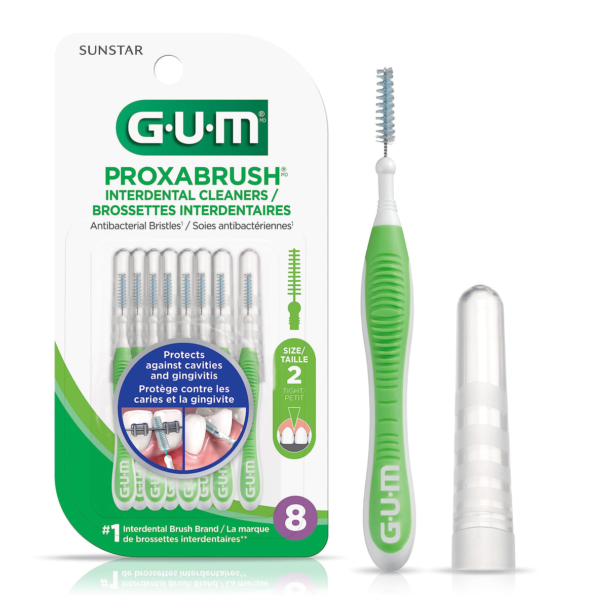 GUM Proxabrush® Reusable Interdental Cleaners, Antibacterial Bristles, Protective Travel Cap, 1414C, Green, Size 3, Narrow Tight, 8 Count