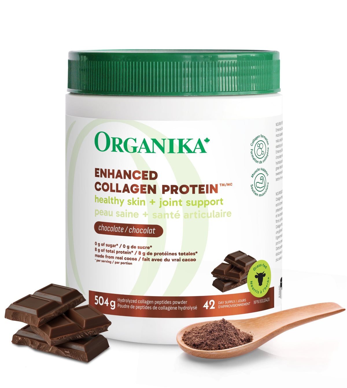 Organika Canadian-Made Chocolate Enhanced Collagen - Grass-Fed Collagen with Real Cocoa, Sugar-Free, Healthy Hair, Skin, Nails, Joints - 504g