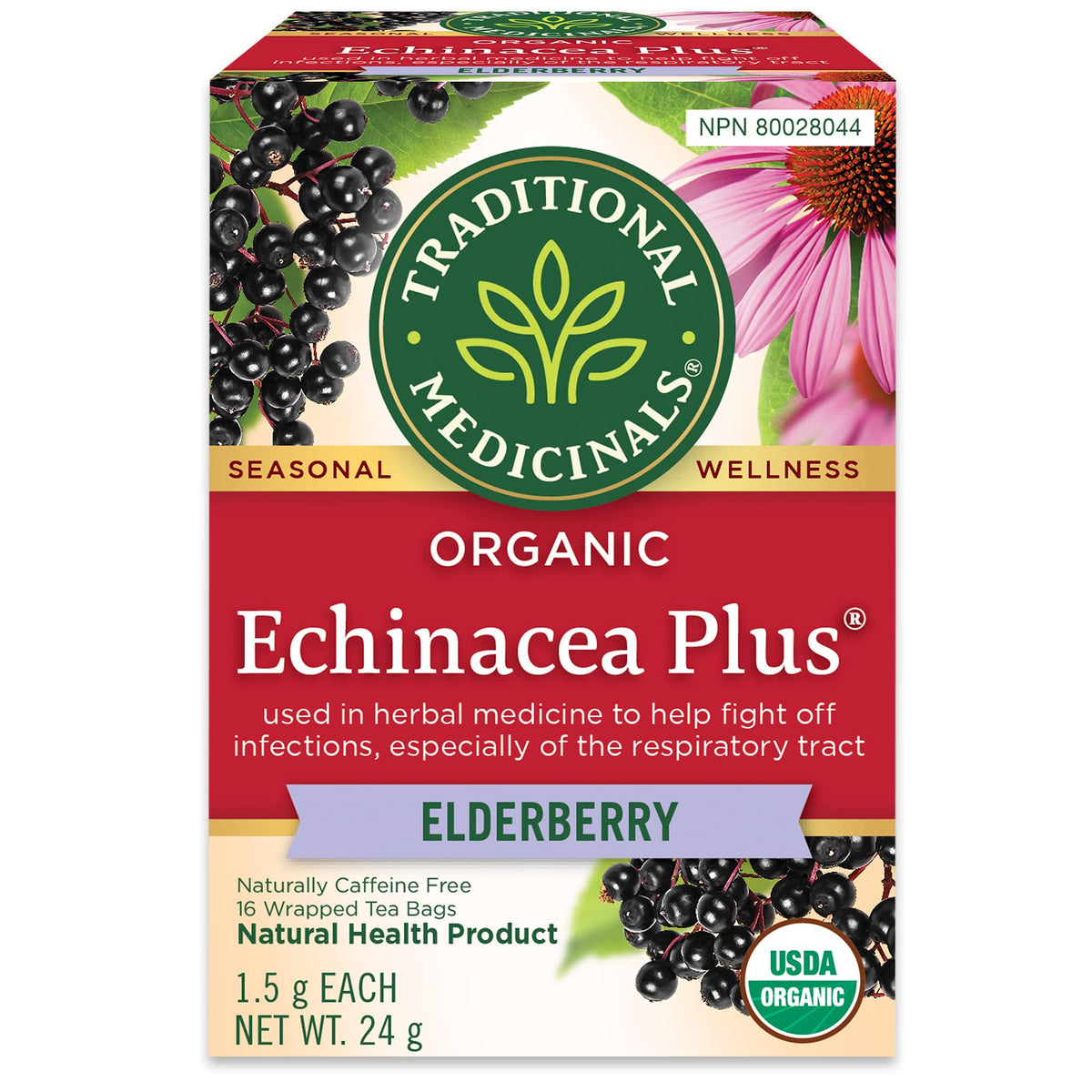 Traditional Medicinals - Organic Echinacea Plus Elderberry Herbal Tea (Pack of 1) - Help Fight Off Respiratory Tract Infections - 16 Tea Bags Total