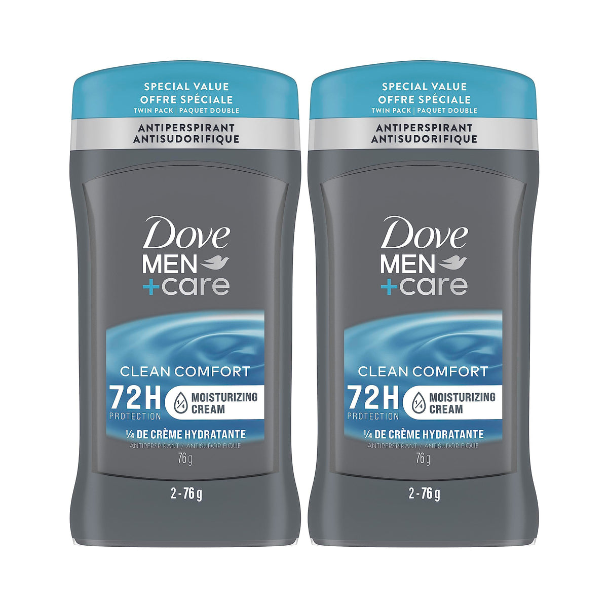 Dove Men + Care Clean Comfort 72H Antiperspirant Deodorant Stick for men with 1/4 Moisturizing Cream and Vitamin E and a Non-Irritant Formula 76 g 2 pack