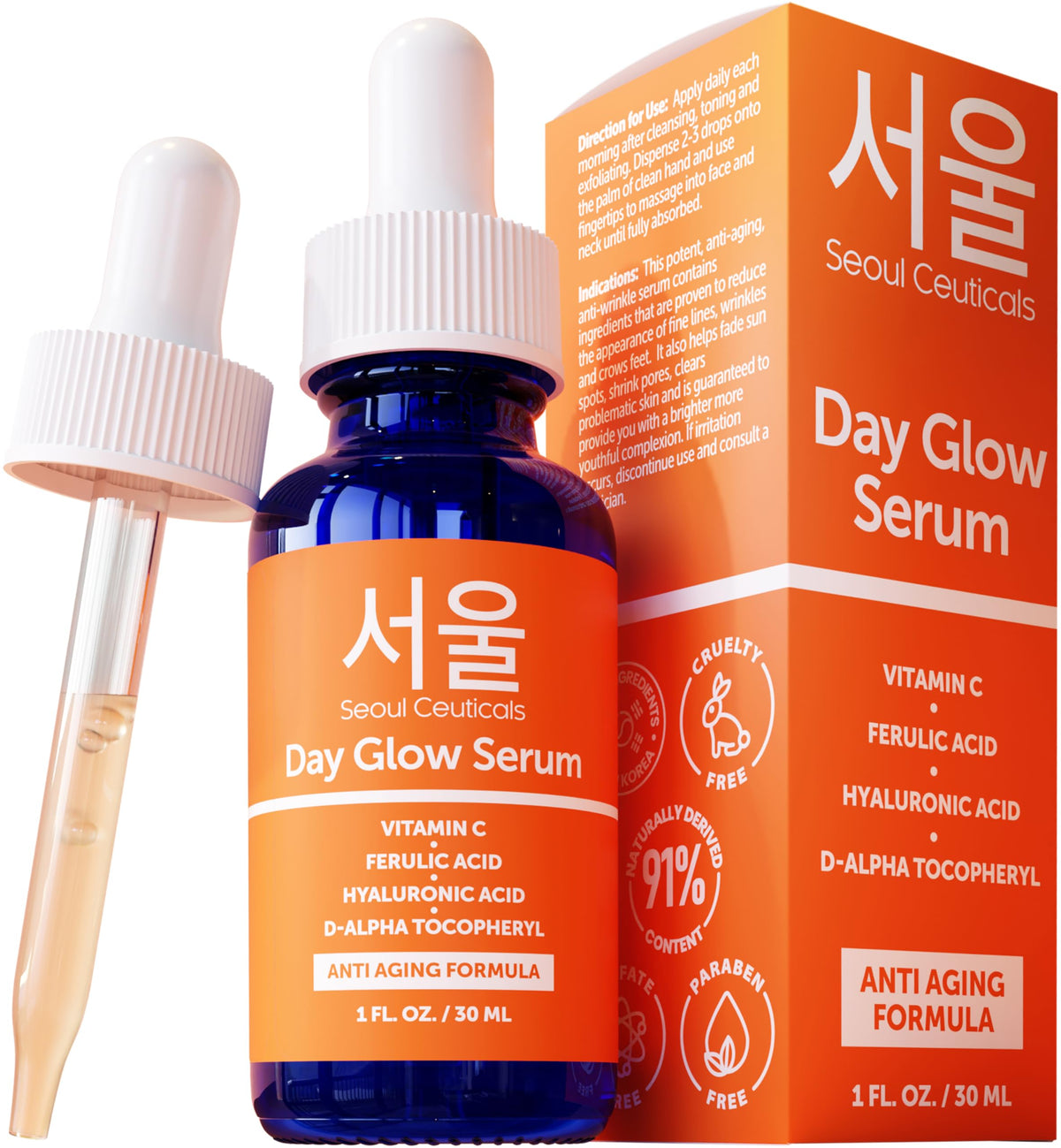 SeoulCeuticals Korean Skin Care 20% Vitamin C Hyaluronic Acid Serum + CE Ferulic Acid - Potent Anti Aging Vit C, Anti Wrinkle K Beauty Skincare 1oz