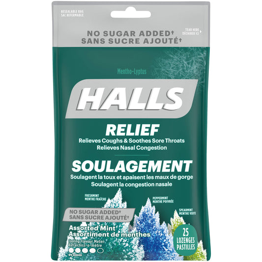 HALLS No Sugar Added Assorted Mint Cough Drops, Throat Lozenges, Sore Throat Relief, Mentho-Lyptus, 25 Lozenges, Prepared in Canada