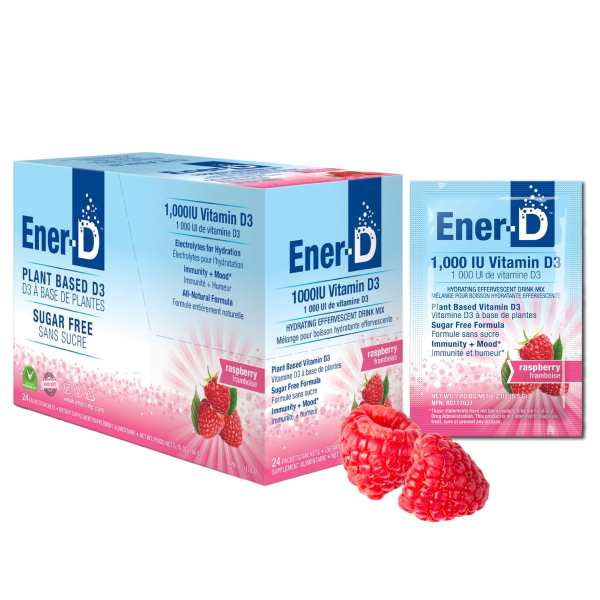 Ener-D Sugar Free Raspberry Multivitamin Drink Mix, 1000 IU Vitamin D, Zinc, Non-GMO, Vegan, Real Fruit Juice Powders, Natural Immunity Support, Electrolytes, Gluten Free, 1-Pack of 24