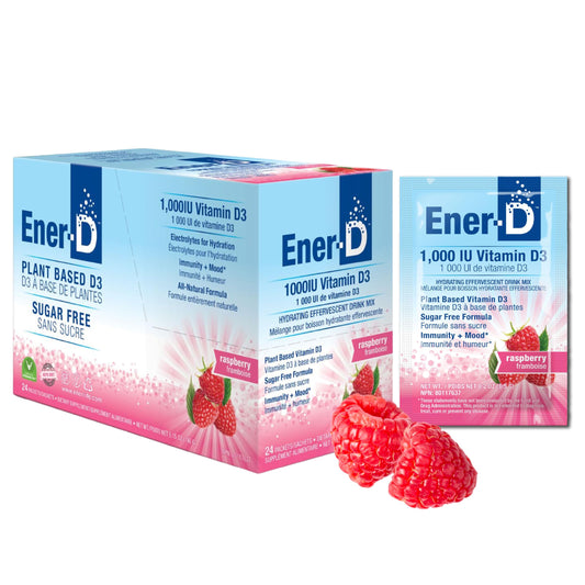 Ener-D Sugar Free Raspberry Multivitamin Drink Mix, 1000 IU Vitamin D, Zinc, Non-GMO, Vegan, Real Fruit Juice Powders, Natural Immunity Support, Electrolytes, Gluten Free, 1-Pack of 24