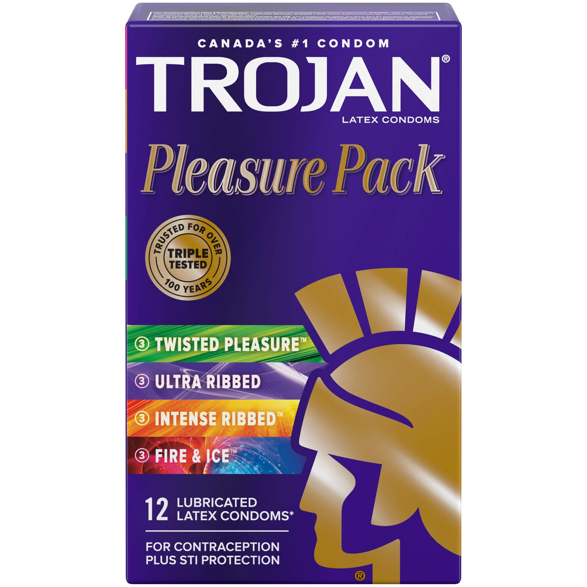 TROJAN Pleasure Pack Assorted Latex Condoms, 12 Count, A mix of our Most Stimulating Condoms: Twisted Pleasure, Her Pleasure Ultra Ribbed, Intense Ribbed, and Fire & Ice.