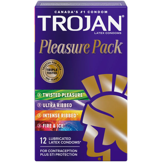 TROJAN Pleasure Pack Assorted Latex Condoms, 12 Count, A mix of our Most Stimulating Condoms: Twisted Pleasure, Her Pleasure Ultra Ribbed, Intense Ribbed, and Fire & Ice.