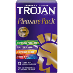 TROJAN Pleasure Pack Assorted Latex Condoms, 12 Count, A mix of our Most Stimulating Condoms: Twisted Pleasure, Her Pleasure Ultra Ribbed, Intense Ribbed, and Fire & Ice.