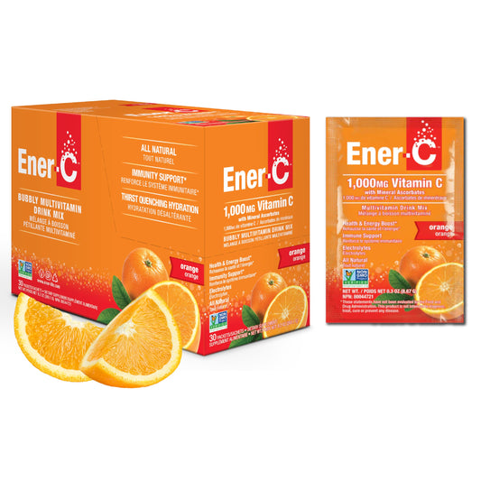 Ener-C Orange Multivitamin Drink Mix, 1000mg Vitamin C, Non-GMO, Vegan, Real Fruit Juice Powders, Natural Immunity Support, Electrolytes, Gluten Free, 1-Pack of 30 Orange