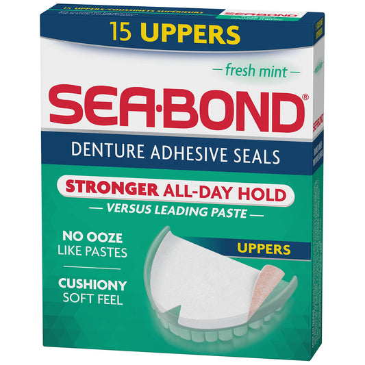 Sea Bond Secure Denture Adhesive Seals, Fresh Mint Uppers, Zinc-Free, All-Day Hold, Mess-Free, 15 Count