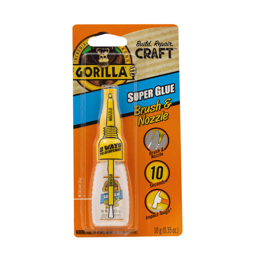 Gorilla Glue Super Glue Brush & Nozzle, Cyanoacrylate Glue, Fine Bristle Brush, Precision Tip Nozzle, Dual Dispensing, Clear, (0.35oz/10g, Pack of 1)
