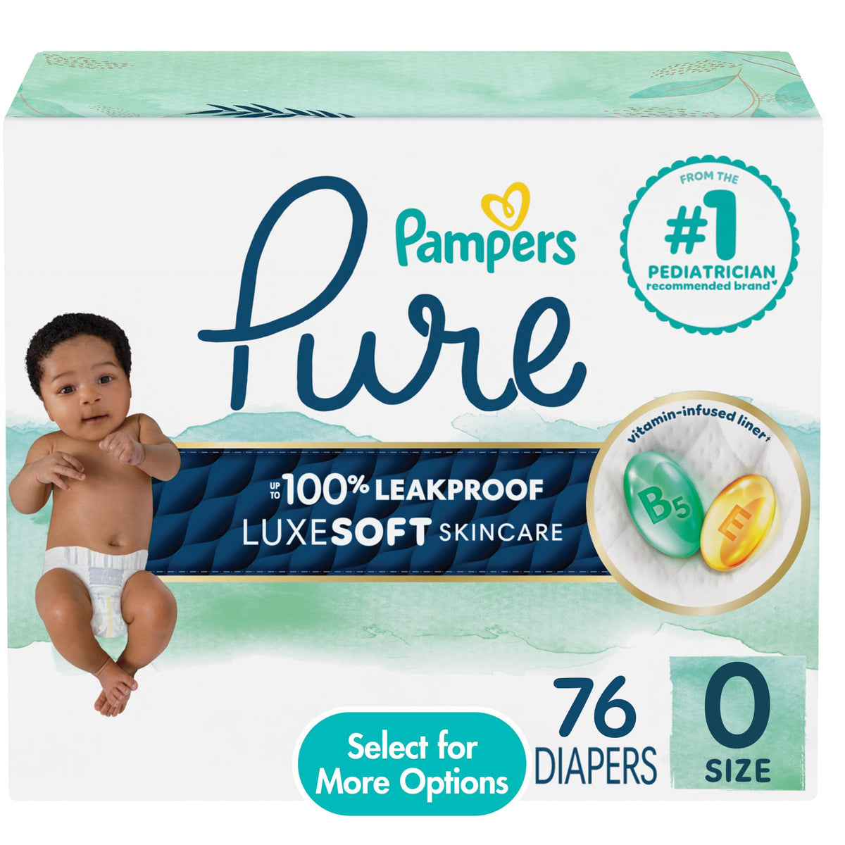 Pampers Diapers Size 0/Newborn, 76 Count - Pampers Pure Protection Disposable Baby Diapers, Hypoallergenic and Unscented Protection, Super Pack (Packaging & Prints May Vary)