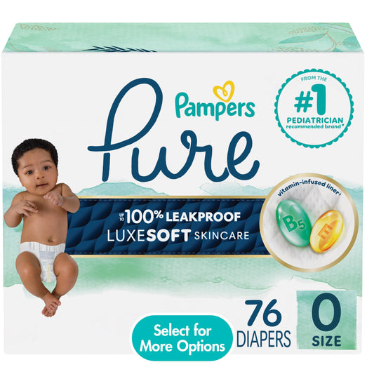 Pampers Diapers Size 0/Newborn, 76 Count - Pampers Pure Protection Disposable Baby Diapers, Hypoallergenic and Unscented Protection, Super Pack (Packaging & Prints May Vary)